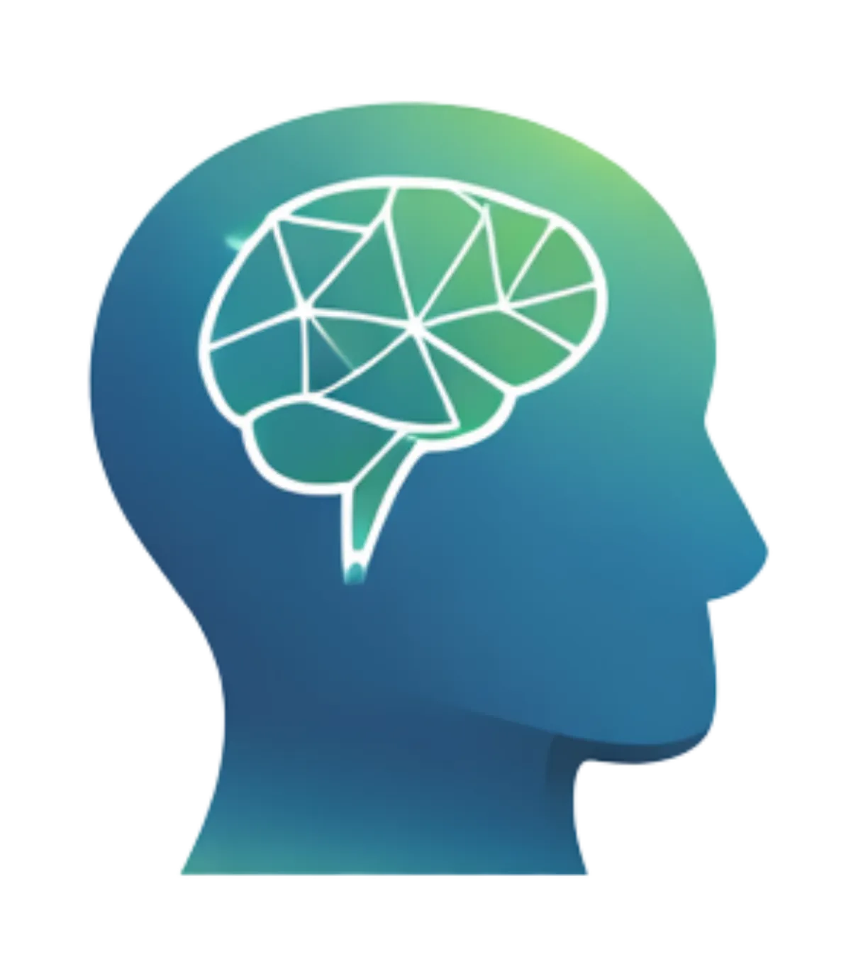 Blue and green gradient head with a white line drawing of a brain