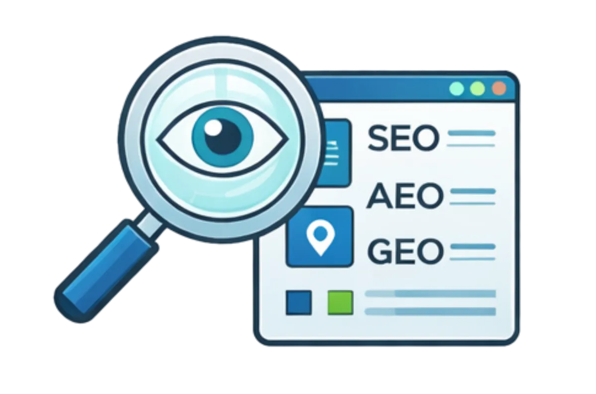 Magnifying glass looking at SEO AEO GEO Image