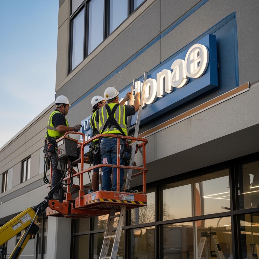 Sign installation technicians installing illuminated channel letter business signage on a commercial building.
