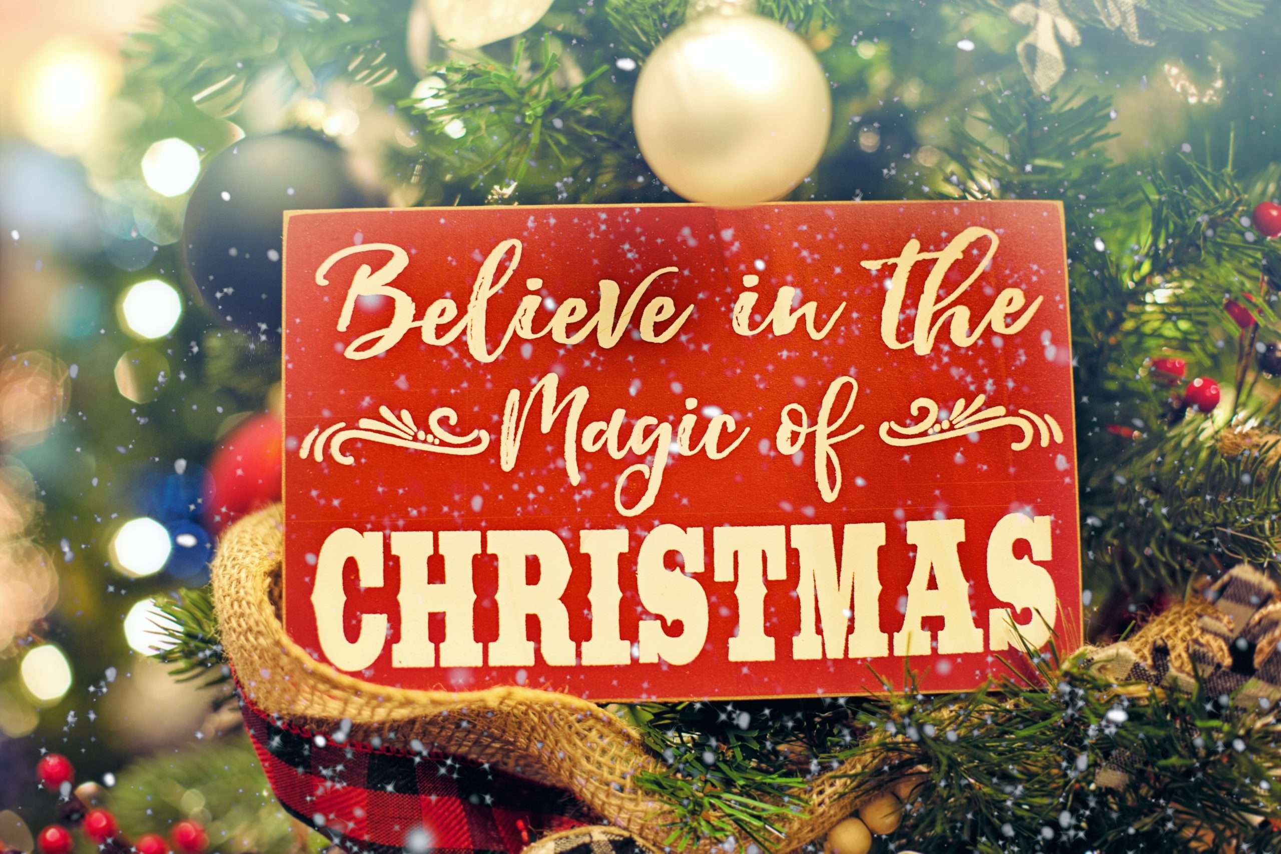 Holiday-themed graphic reading "Believe in the Christmas" in stacked text format, evoking festive spirit and seasonal warmth.