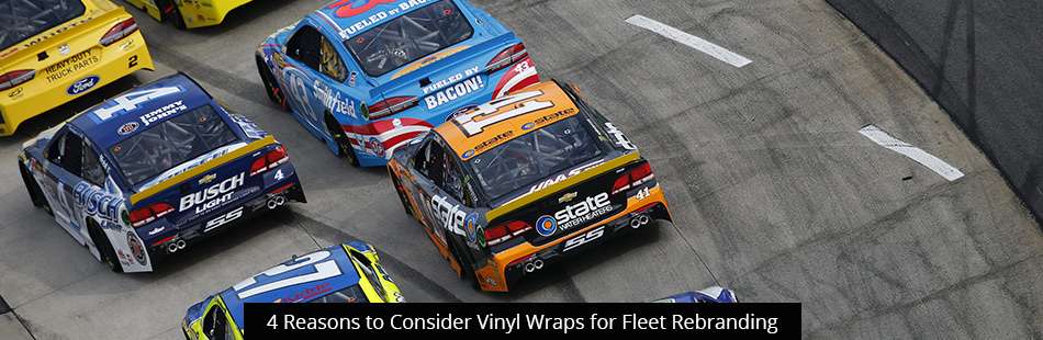 A graphic featuring a stylized "BACON!" text alongside the word "state," with the headline "4 Reasons to Consider Vinyl Wraps for Fleet Rebranding."