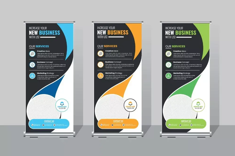 Custom retractable banner stands used for trade shows, retail displays, and business marketing, designed to promote brands with portable roll up banner signage.