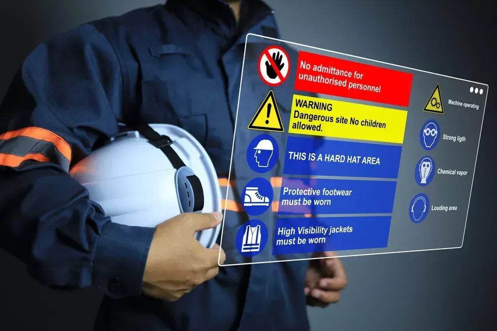 Industrial worker holding a hard hat with safety warning signs and hazard symbols displayed, used for workplace safety signage, OSHA compliance, and accident prevention in industrial environments.