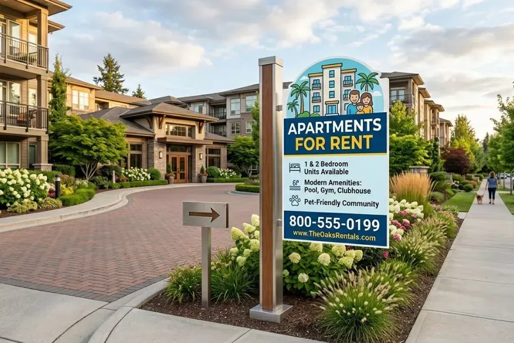 Apartment community entrance sign advertising “Apartments for Rent,” used for apartment signage, residential wayfinding, and property marketing for multifamily housing communities.