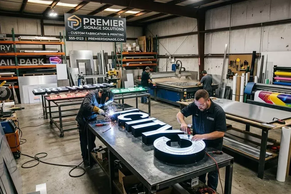 Sign manufacturing workshop with technicians fabricating custom channel letter signs, used for commercial sign manufacturing, custom signage production, and professional sign installation services.