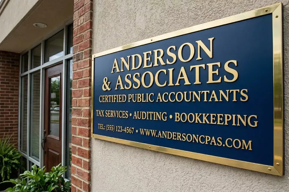Anderson & Associates CPA firm office sign displaying tax services, auditing, bookkeeping, and contact website