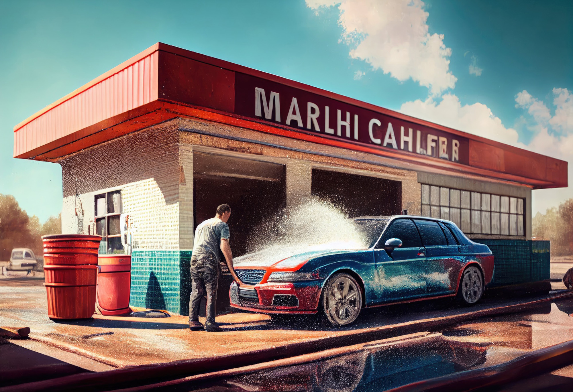 Car wash station with car being cleaned under a red car wash building sign