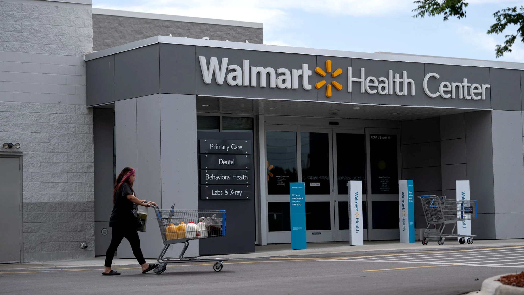 Wellness clinic entrance signage at modern health center