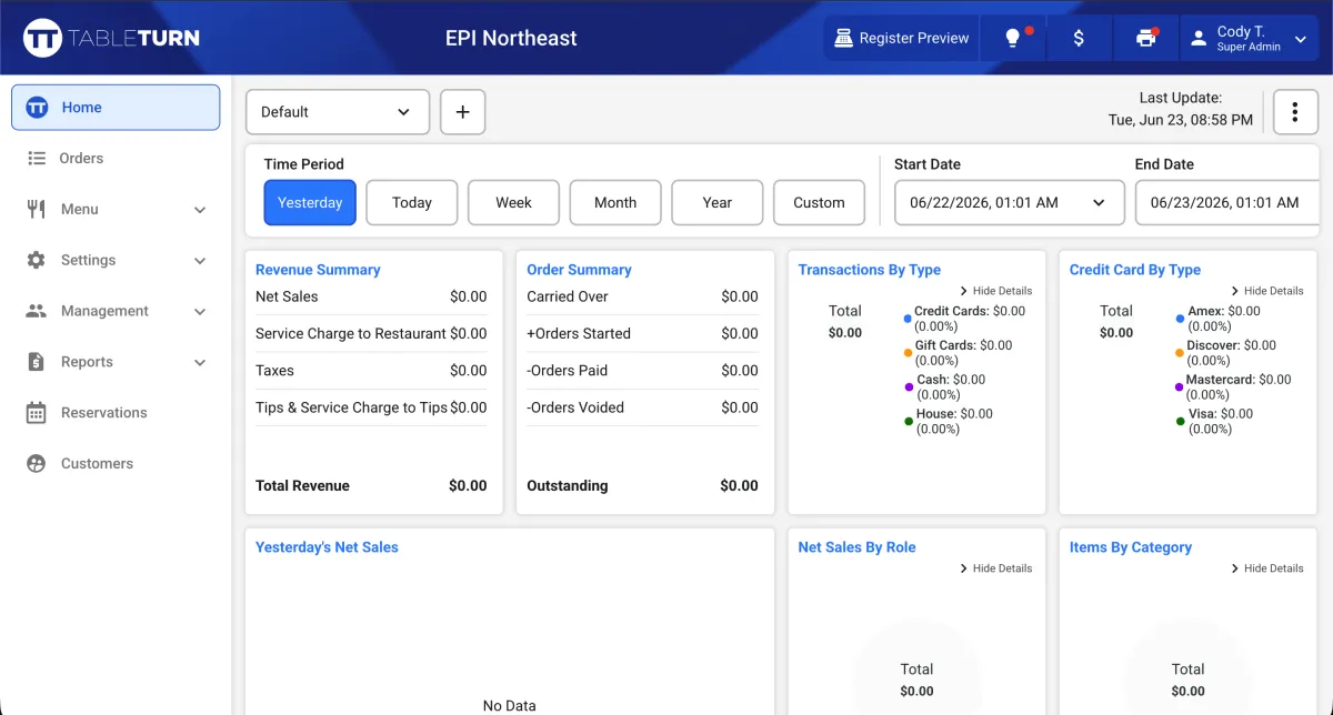 TableTurn Cloud Dashboard software interface