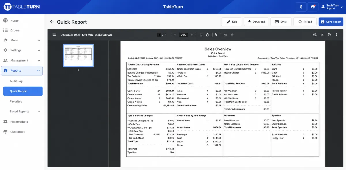 TableTurn POS Live-Time Reporting