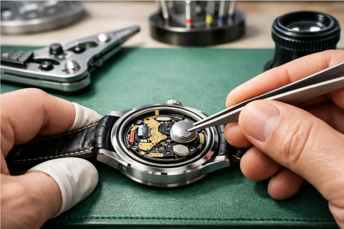 Technician replacing wristwatch battery at Cellular Repair 1