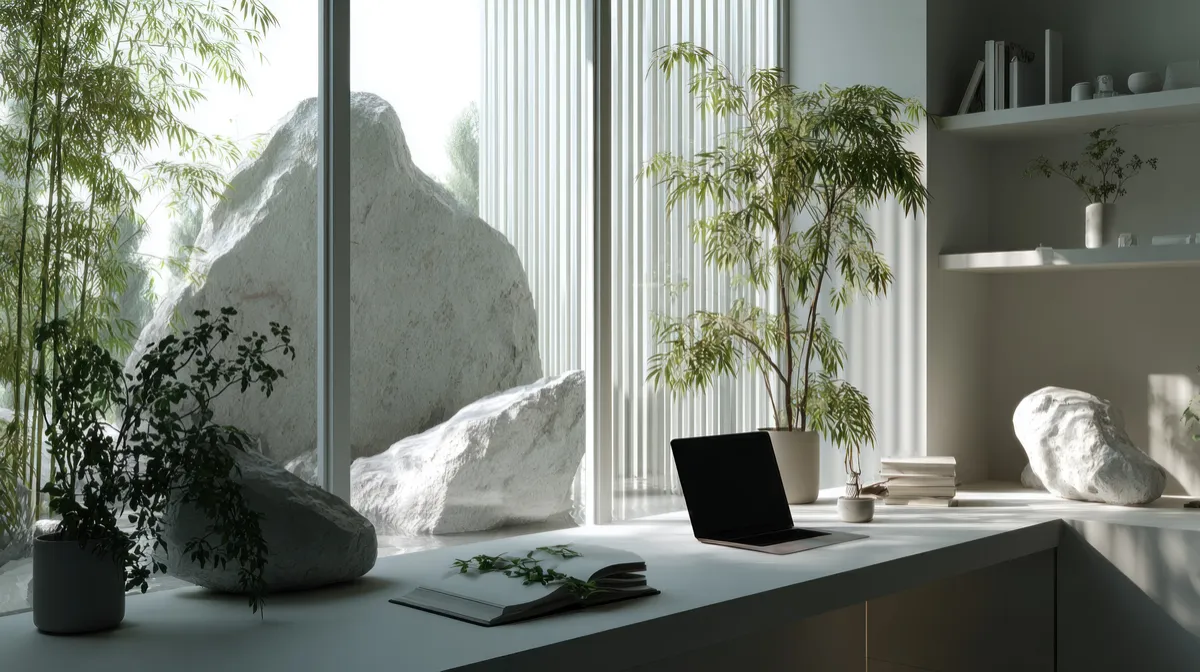 Woman working on a laptop in a modern office.
