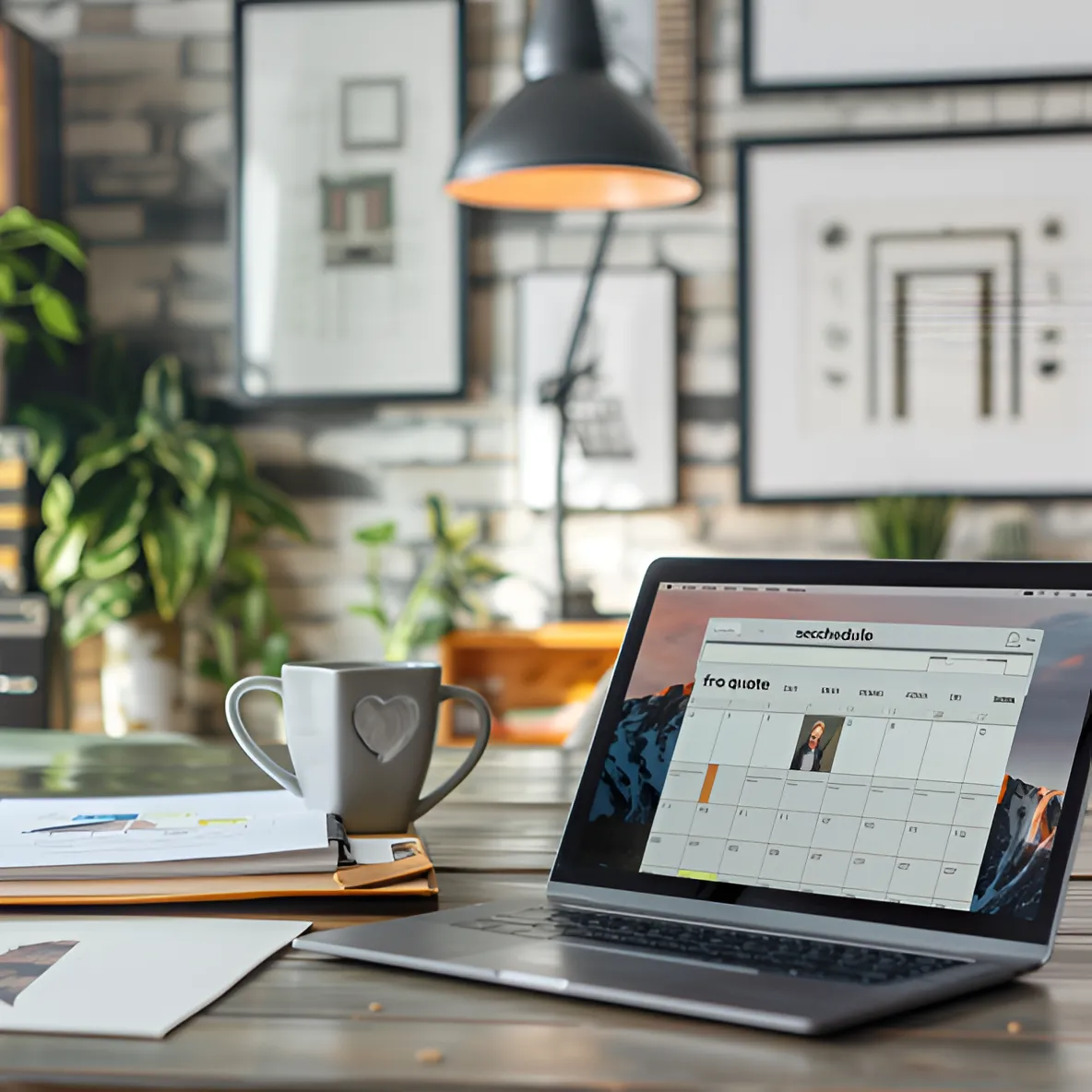 A professional contractor from Abney Home Remodeling in a modern home office engaged in a video call, with a scheduling calendar visible on the laptop screen, inviting potential clients to schedule a free quote.