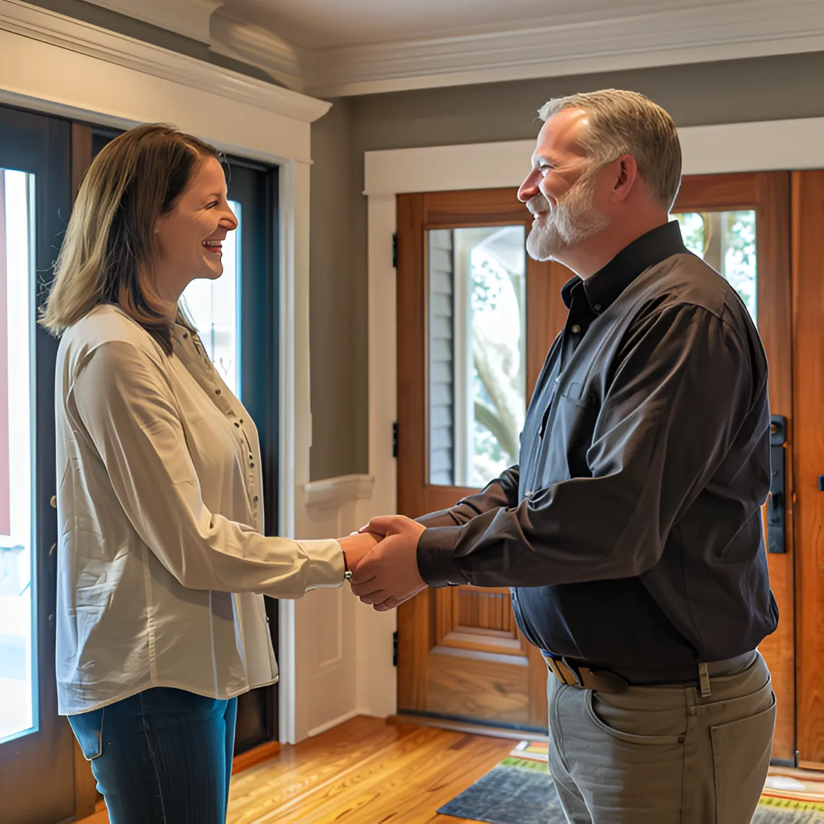 A delighted homeowner shaking hands with a contractor from Abney Home Remodeling in their newly renovated living room, symbolizing customer satisfaction and quality service.