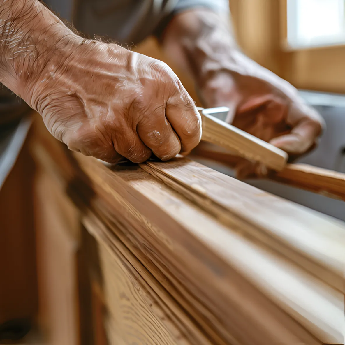 Close-up of a craftsman’s hands from Abney Home Remodeling installing custom wood trim with precision, showcasing quality workmanship in home renovations.