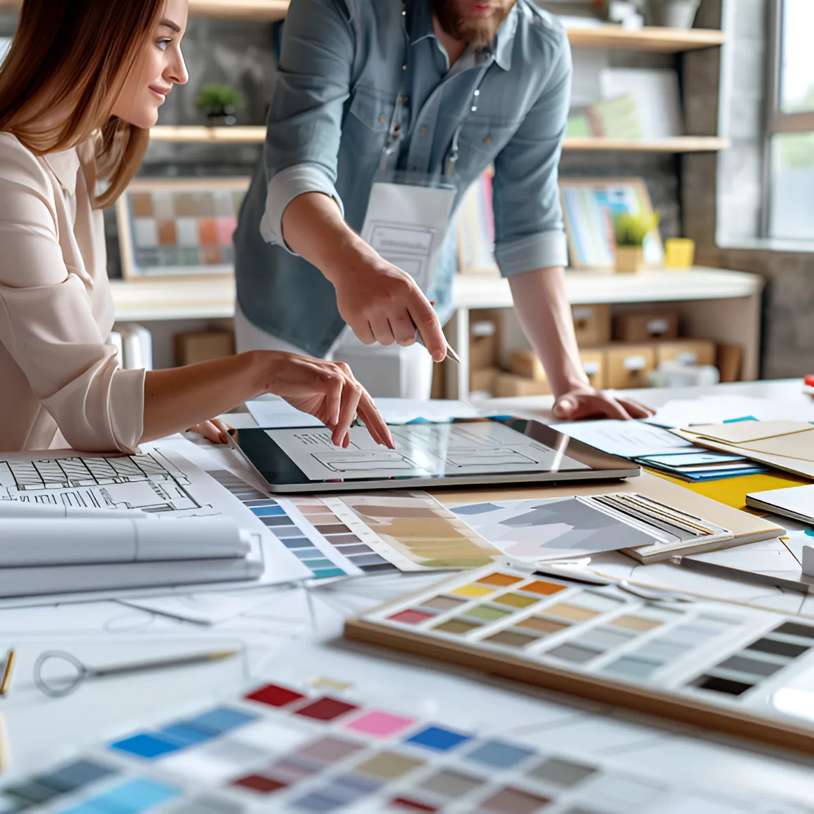 A designer from Abney Home Remodeling and a client reviewing blueprints, material samples, and a 3D model of a renovation project in a bright, modern studio, representing the collaborative design process.