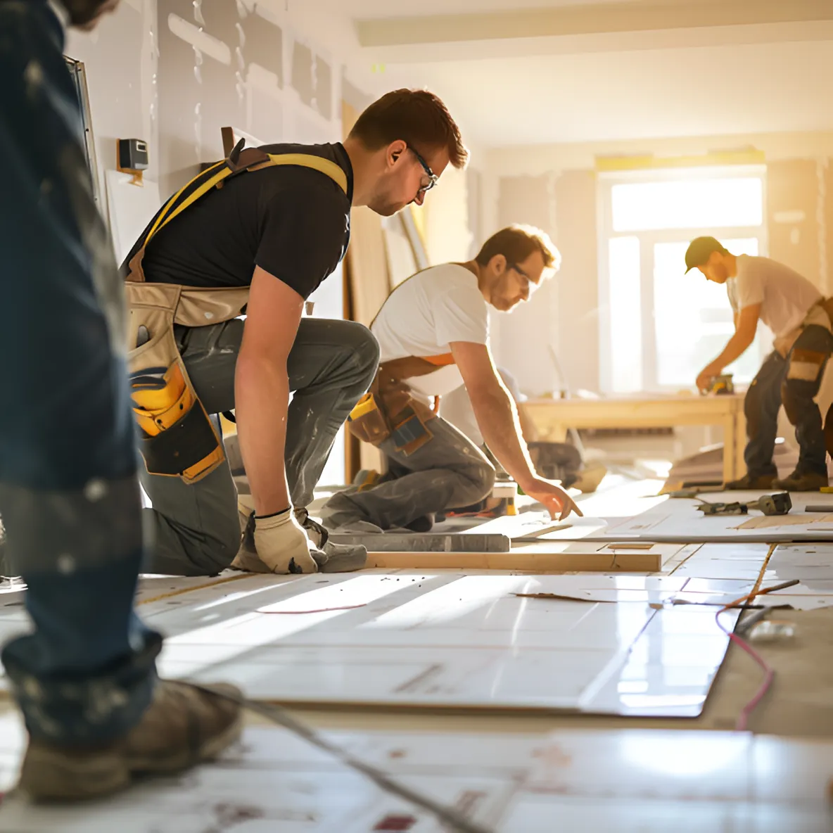 A team of experienced professionals from Abney Home Remodeling collaborating on a home renovation project, highlighting their expertise and precision.