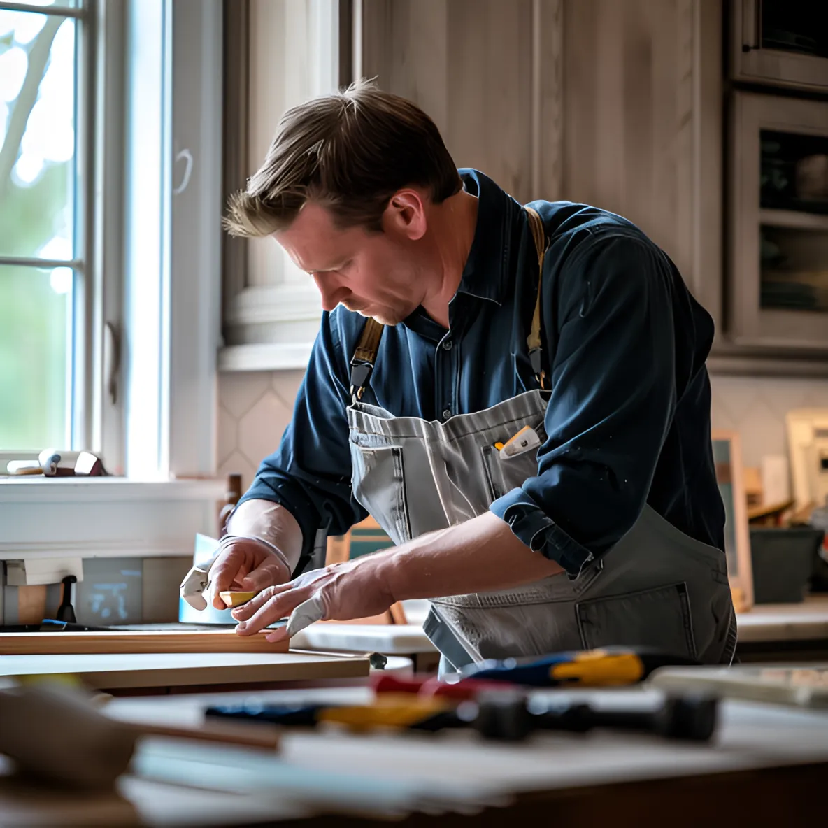 A skilled craftsman from Abney Home Remodeling meticulously installing custom cabinetry in a Cleveland home, showcasing local expertise and attention to detail.