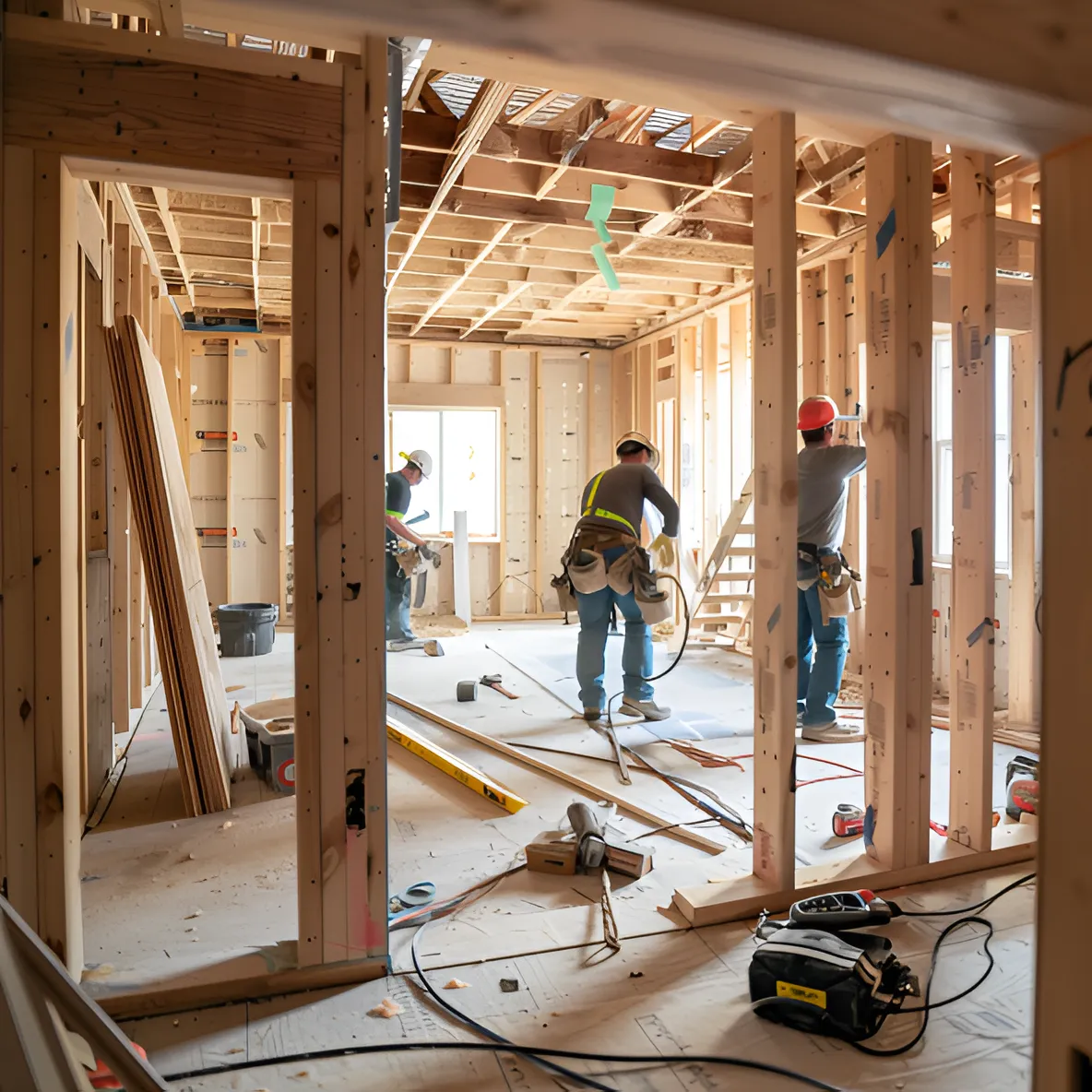 A high-quality image capturing the active construction of a renovation project by Abney Home Remodeling, featuring a partially completed room with exposed wooden framing. Skilled construction workers are diligently measuring, cutting, and installing drywall, with tools neatly arranged on the floor. Sunlight streams through unfinished windows, highlighting the structure and the workers' efforts, emphasizing the transformation in progress.