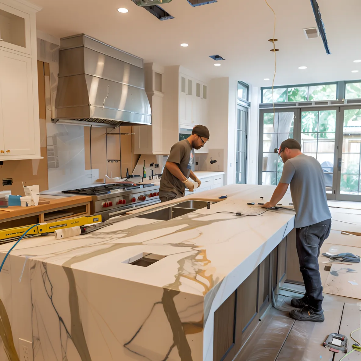 A high-quality image of a kitchen remodeling project by Abney Home Remodeling, featuring the installation of sleek cabinetry, a marble countertop, and modern stainless steel appliances with tools neatly arranged.