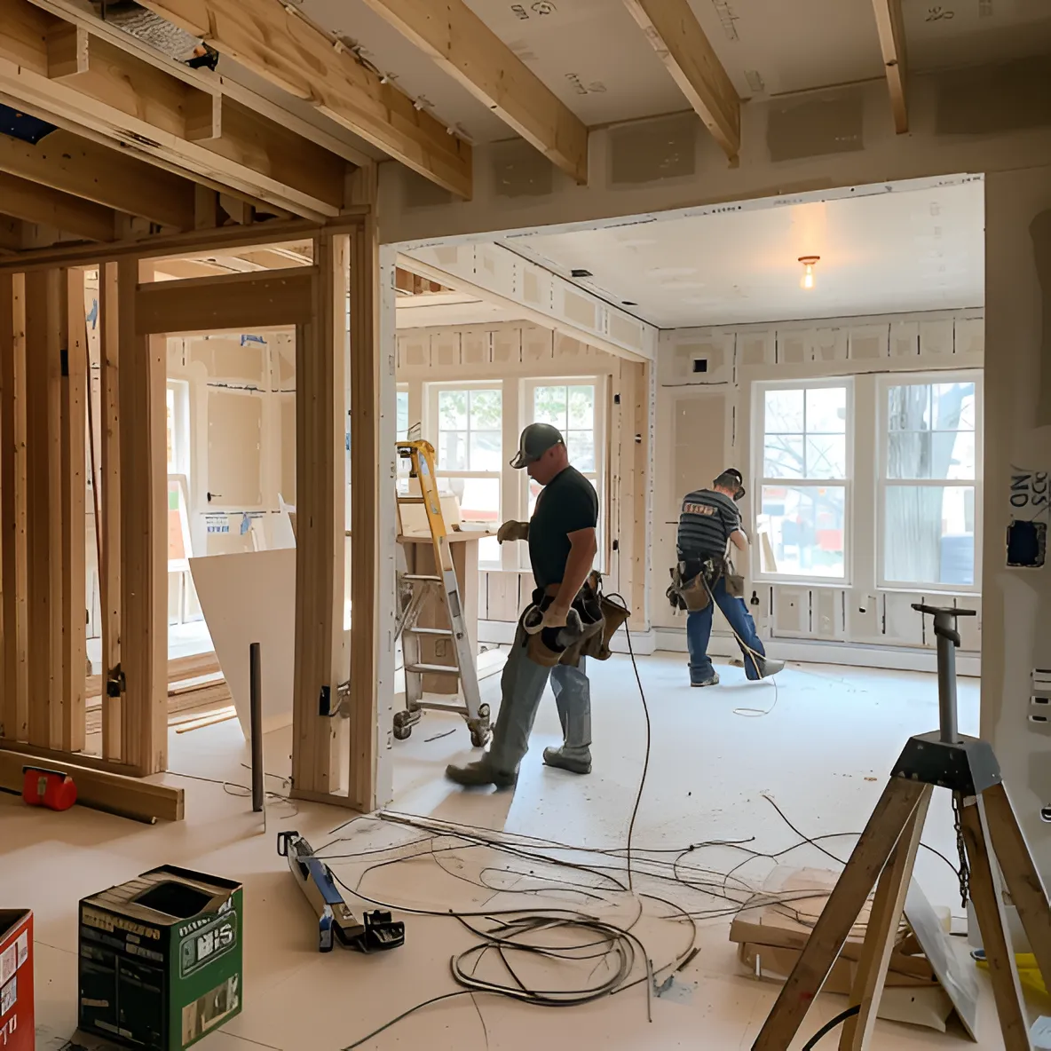 A high-quality image of a home remodeling project by Abney Home Remodeling, showcasing exposed framing, drywall installation, and hardwood floor sanding in a well-lit, organized workspace.