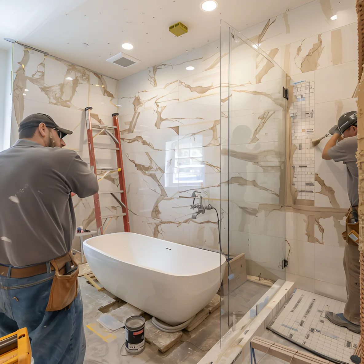 A high-quality image of a bathroom remodeling project by Abney Home Remodeling, showing the installation of a freestanding soaking tub, marble tiles, and a frameless glass shower enclosure in a partially renovated bathroom.