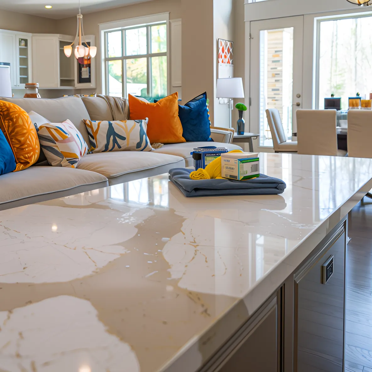 A high-quality image of a freshly prepared living space by Abney Home Remodeling, featuring spotless countertops, polished hardwood floors, and a well-arranged living room, ready for new tenants.