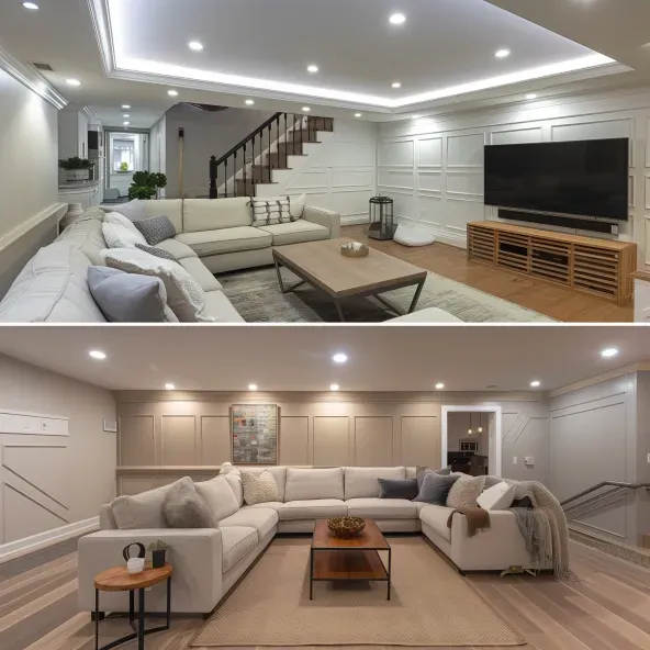 A beautifully refinished basement by Abney Home Remodeling, featuring a cozy entertainment area with a sectional sofa, a home office setup, and warm lighting. Transform your basement into a functional living space with our expert services. Call (216) 810-1628 for more information.