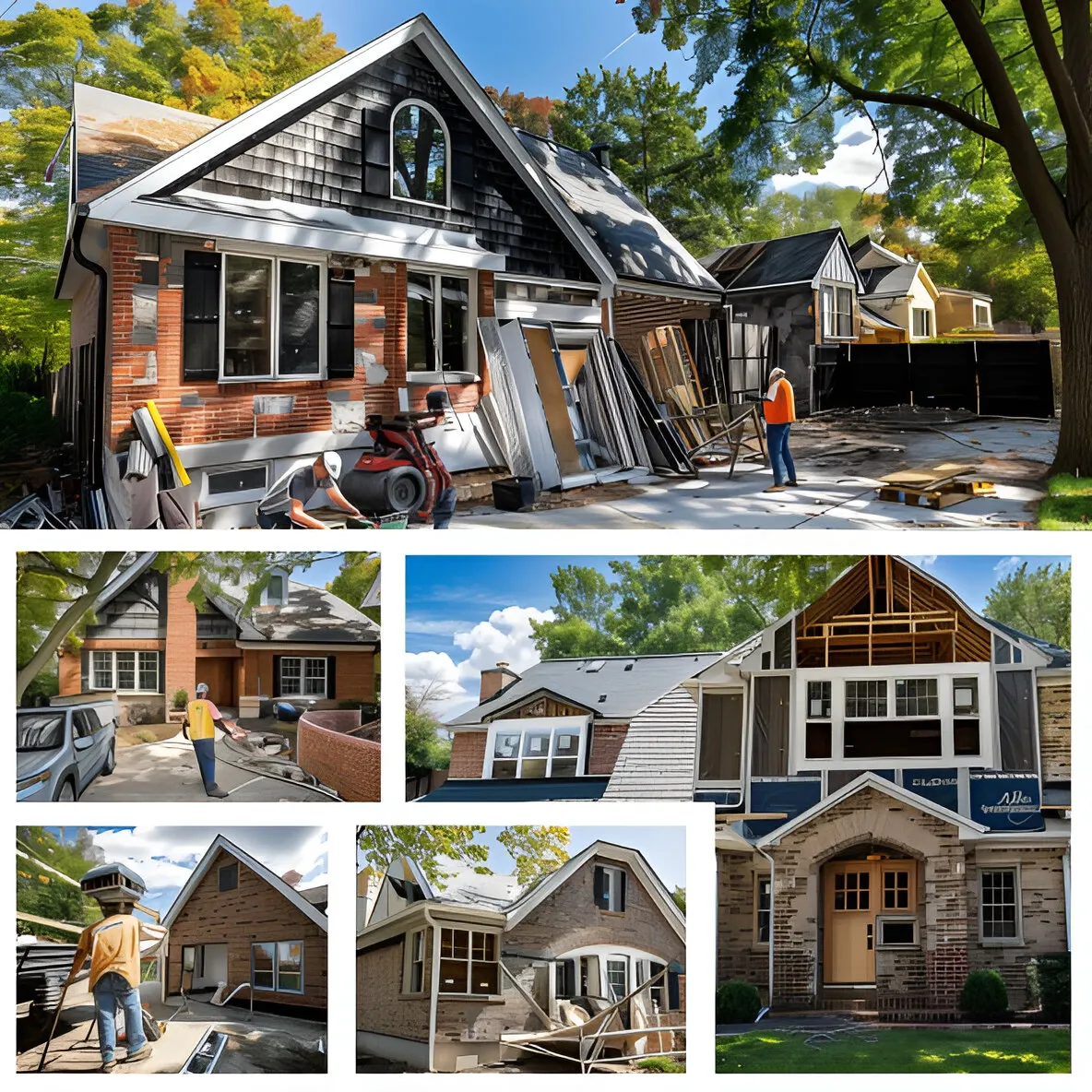 A photo-quality image collage showcasing the growth of Abney Home Remodeling, featuring various renovation projects from the company’s early days to recent large-scale remodels. The collage includes modern kitchens, luxurious bathrooms, and beautifully remodeled home exteriors, reflecting the company’s evolution in quality craftsmanship and design.