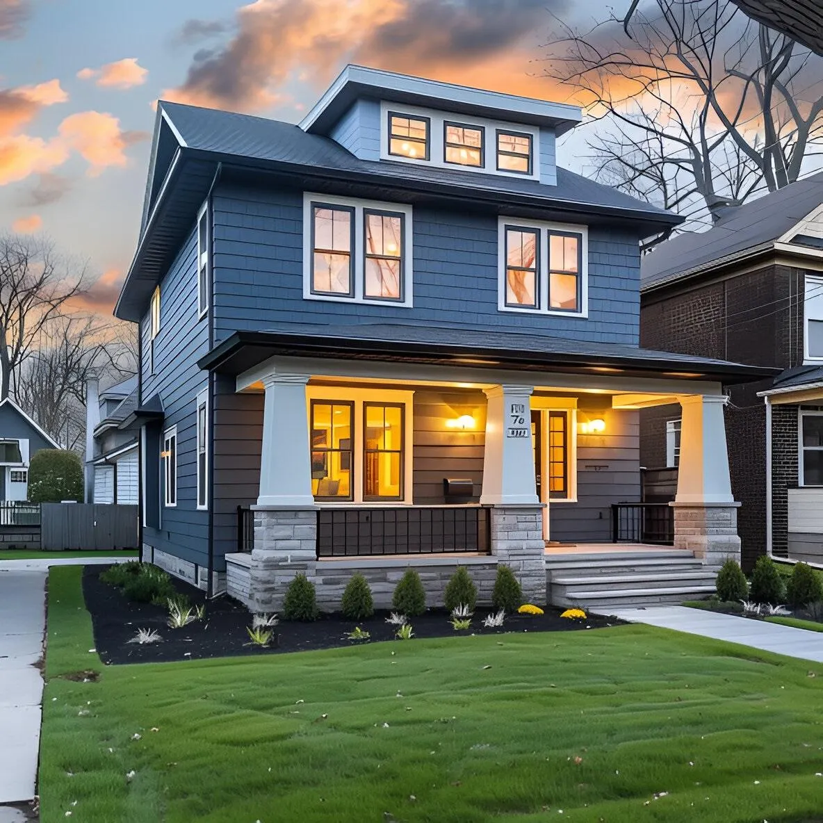 A high-quality image of a beautifully renovated home exterior in a classic Cleveland neighborhood, with fresh siding, modern windows, and a welcoming front porch. The Cleveland skyline is subtly visible in the background, emphasizing Abney Home Remodeling’s connection to the local community.