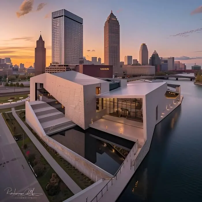 Cleveland, OH skyline showcasing Key Tower, Terminal Tower, and the Rock & Roll Hall of Fame with views of the Cuyahoga River and Lake Erie. | Abney Home Remodeling.