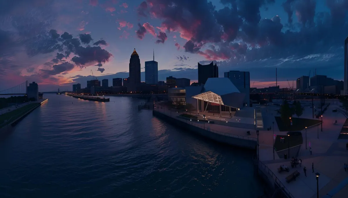 Cleveland, OH skyline showcasing Key Tower, Terminal Tower, and the Rock & Roll Hall of Fame with views of the Cuyahoga River and Lake Erie. | Abney Home Remodeling.