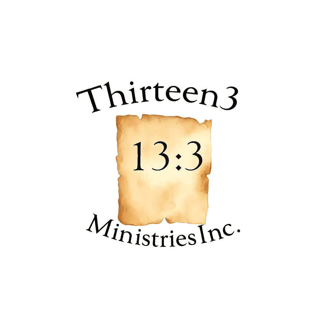 Thirteen 3 Ministries logo featuring the scripture reference 13:3, a faith-based partner of The Be Good House