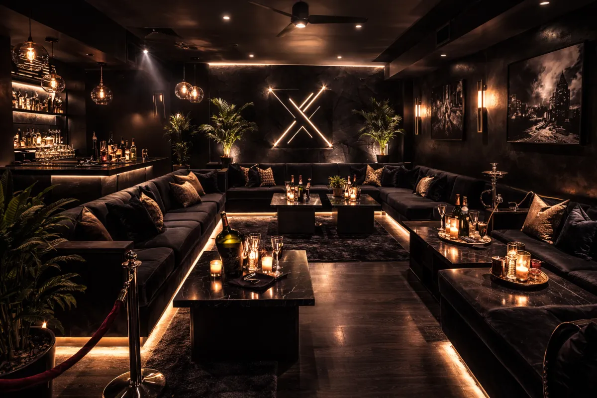 a group of people standing around a table