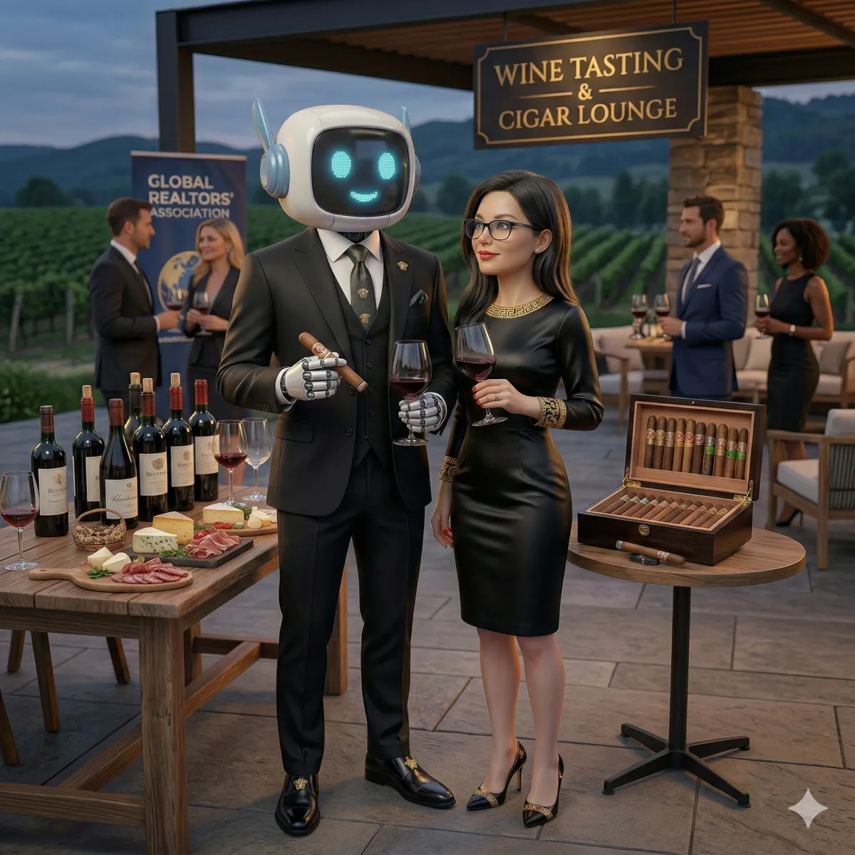 a group of people standing around a table