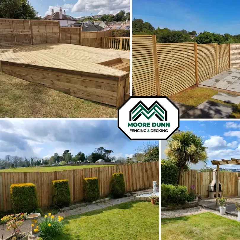 Collage of fencing and decking built by moore dunn fencing in torquay