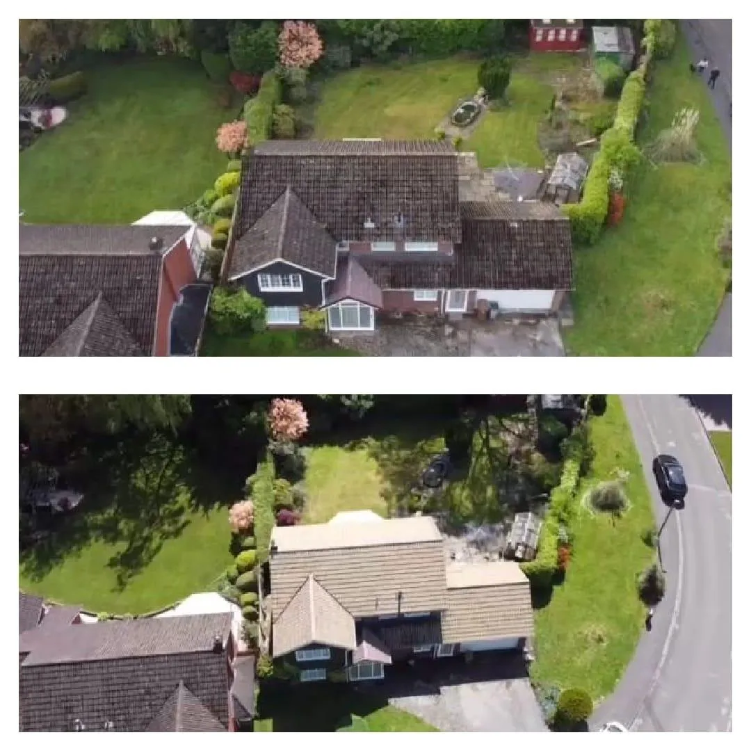 Before and after of a roof clean 