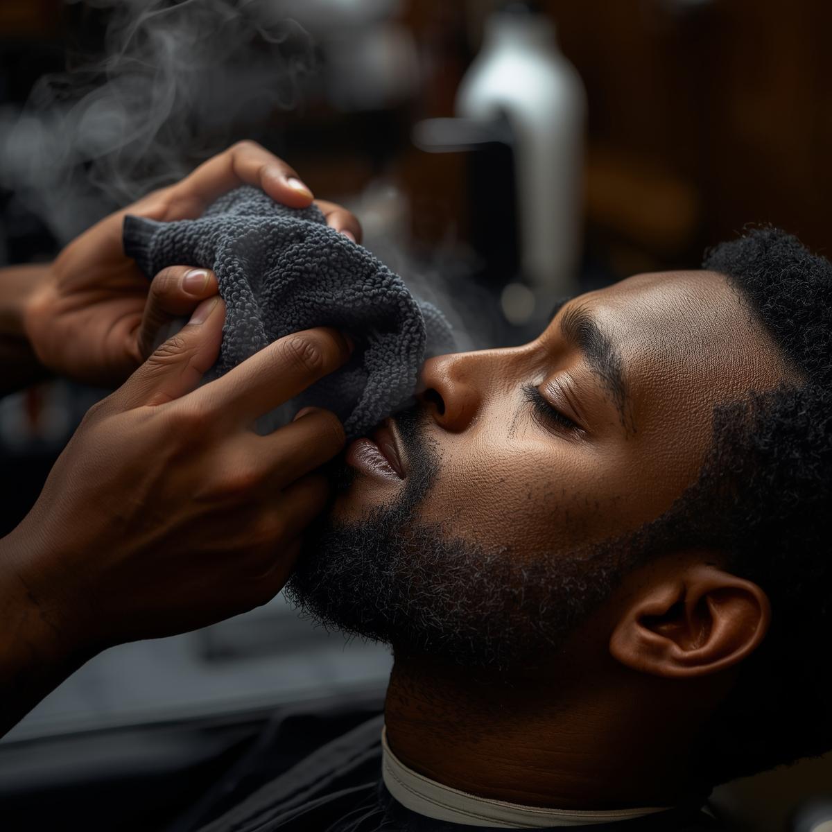 An African American barber gently removing a hot towel from an African American client’s face before a razor shave, detailed focus on hands and towel, barbershop tools blurred in background, high contrast urban style, square aspect ratio,.jpg