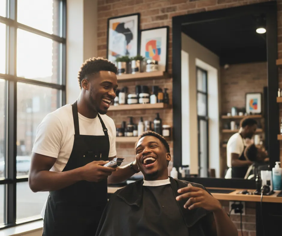A stylish African American barber and client laughing and talking during a haircut, relaxed and friendly vibe, natural lighting through barbershop windows, modern grooming space with shelves and mirrors behind them, lifestyle-focused hero shot