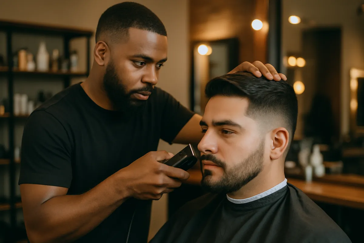 A skilled African American barber giving a clean fade to a Hispanic male client with dark hair, detailed focus on clippers and blend, warm natural lighting, modern barbershop décor with shelves and mirrors softly blurred, professional grooming atmosphere