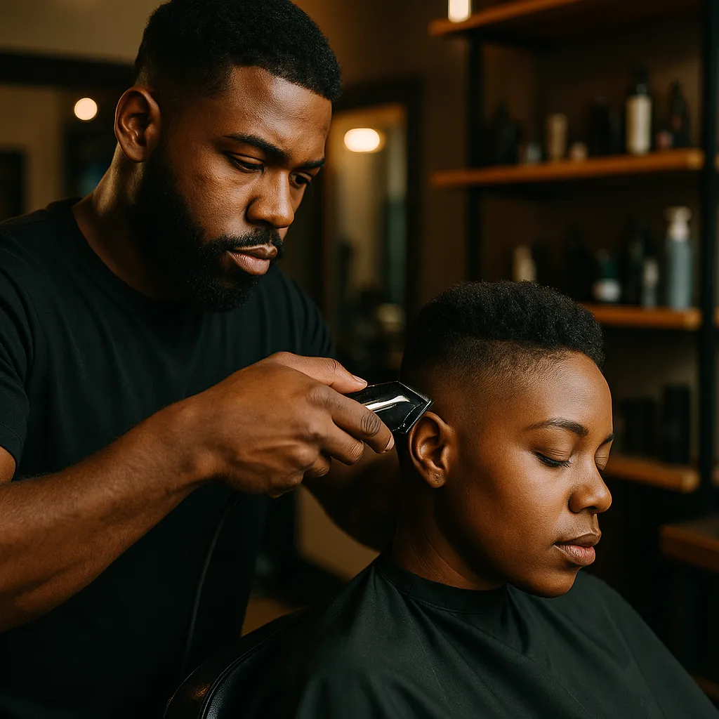A skilled African American barber giving a clean fade to a female client with dark hair, detailed focus on clippers and blend, warm natural lighting, modern barbershop décor with shelves and mirrors softly blurred, professional grooming atmosphere.