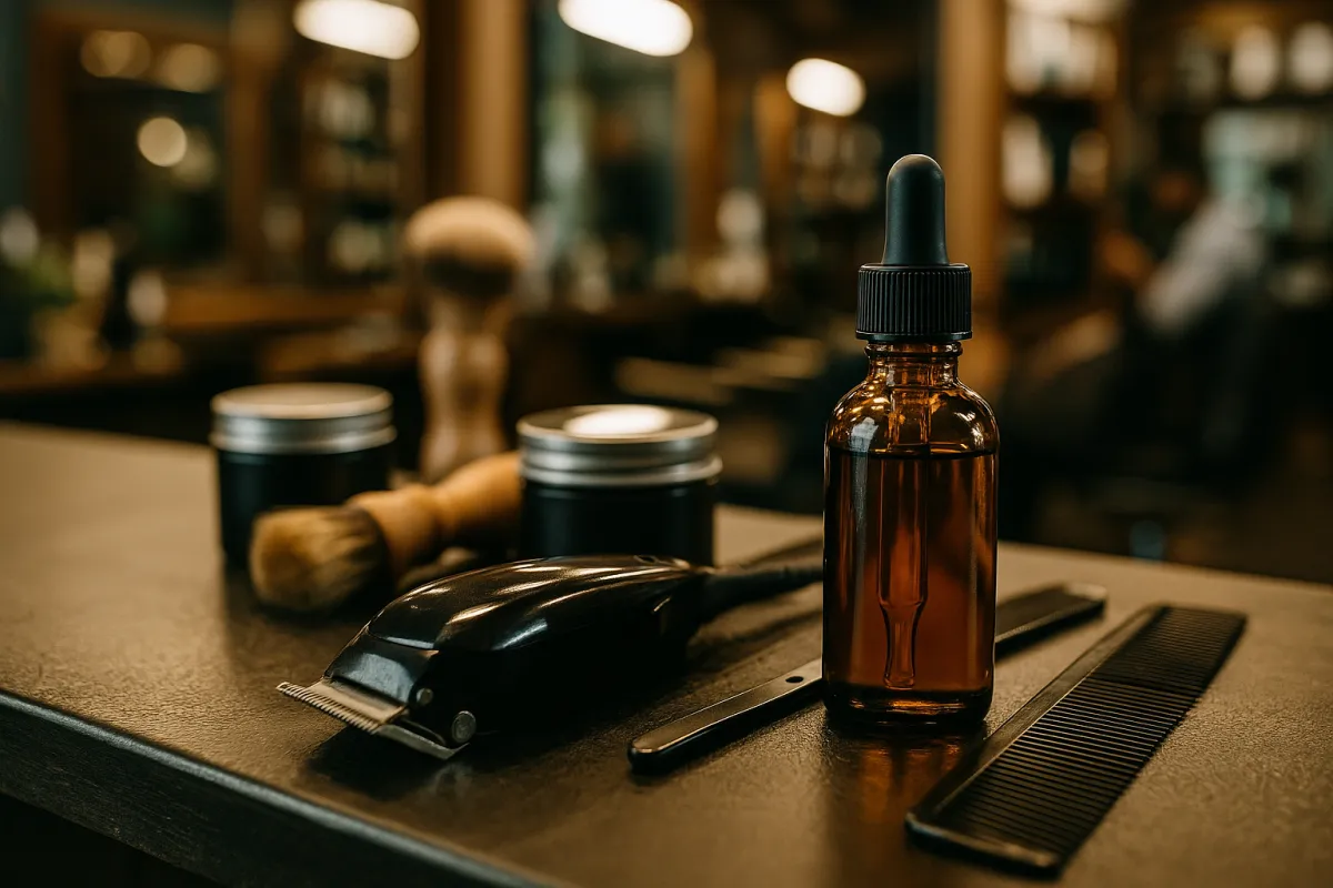 Barber tools on a workstation, including clippers, combs, grooming brushes, and an amber oil bottle, with a modern barbershop interior softly blurred in the background.