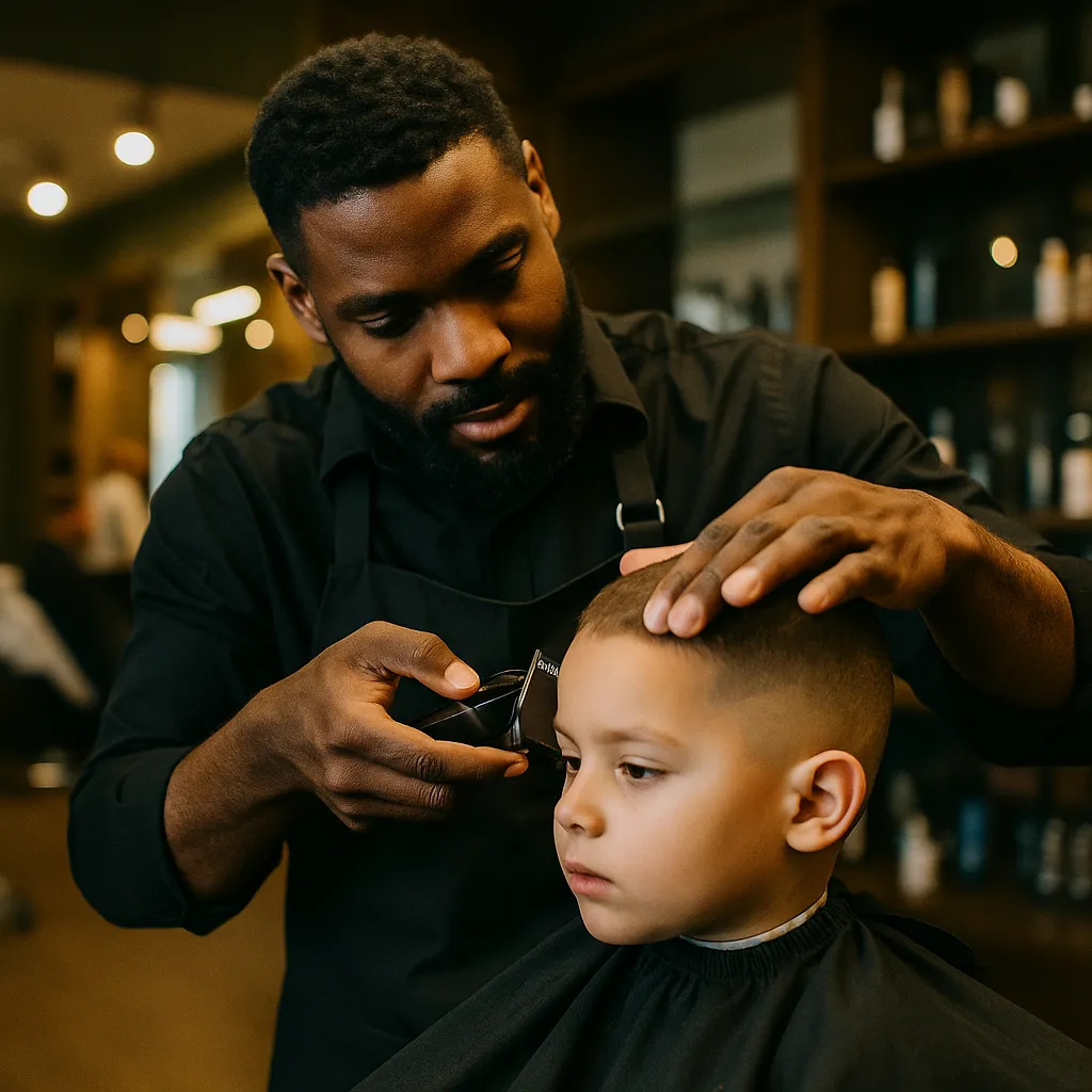African American barber giving a precise fade haircut to a young white boy in a modern barbershop, with warm lighting and grooming tools softly blurred in the background.