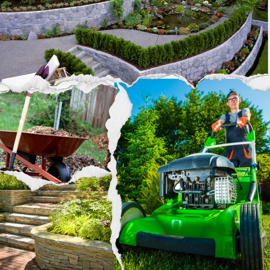 Collage of Jose’s Landscaping services including retaining wall, mulch in wheelbarrow, lawn mowing, and stone walkway