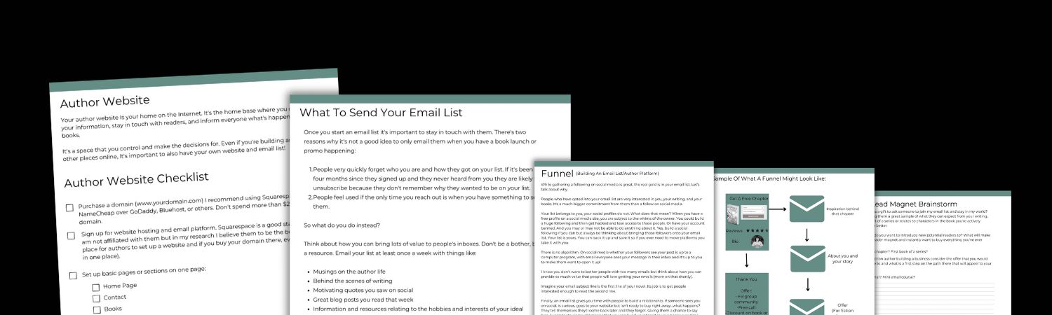 Sample pages of author website template, five pages total