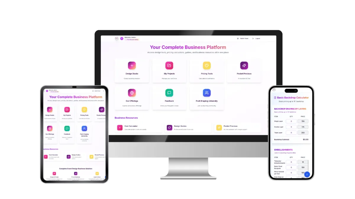 Laptop mockup showing Posh Design Studio dashboard