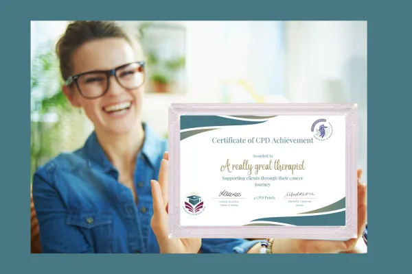 A lady with glasses holding up a certificate