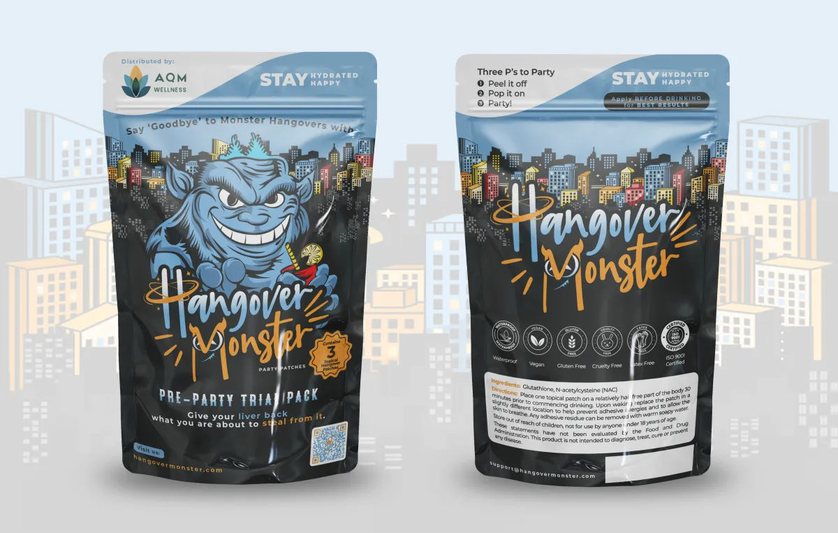 Hangover Monster patches from AQM Wellness for hangover relief and liver support