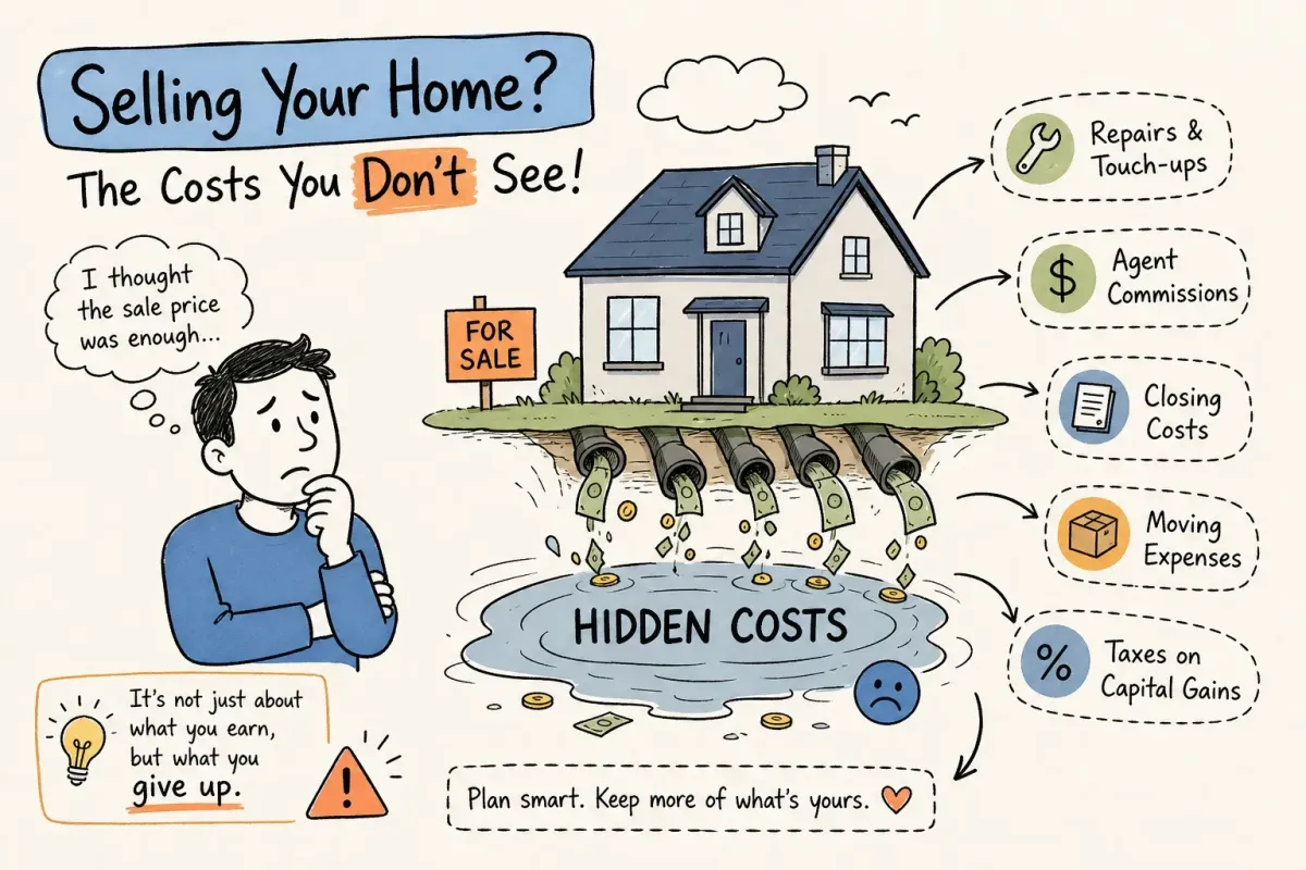 Home seller reviewing estimated selling expenses and net proceeds with a real estate agent.