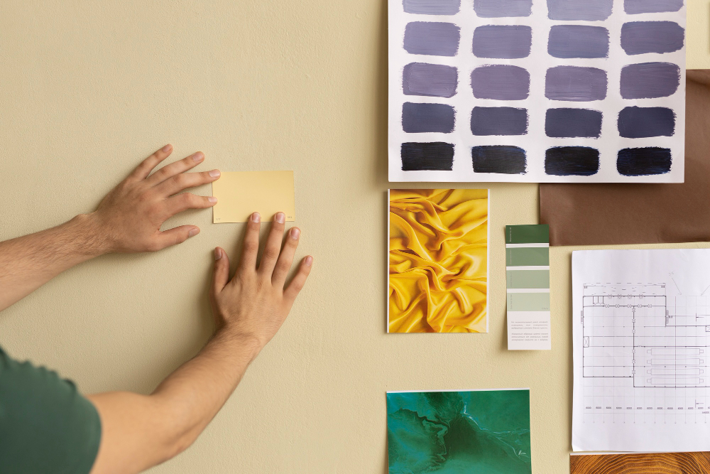 Designer choosing color swatches and materials for an interior design project.